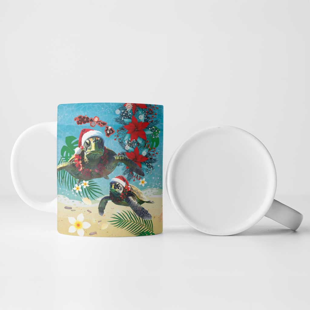 Hawaiian Mele Kalikimaka Ceramic Mug Tropical Xmas Turtles Red Poinsettia Watercolor - Polynesian Pride
