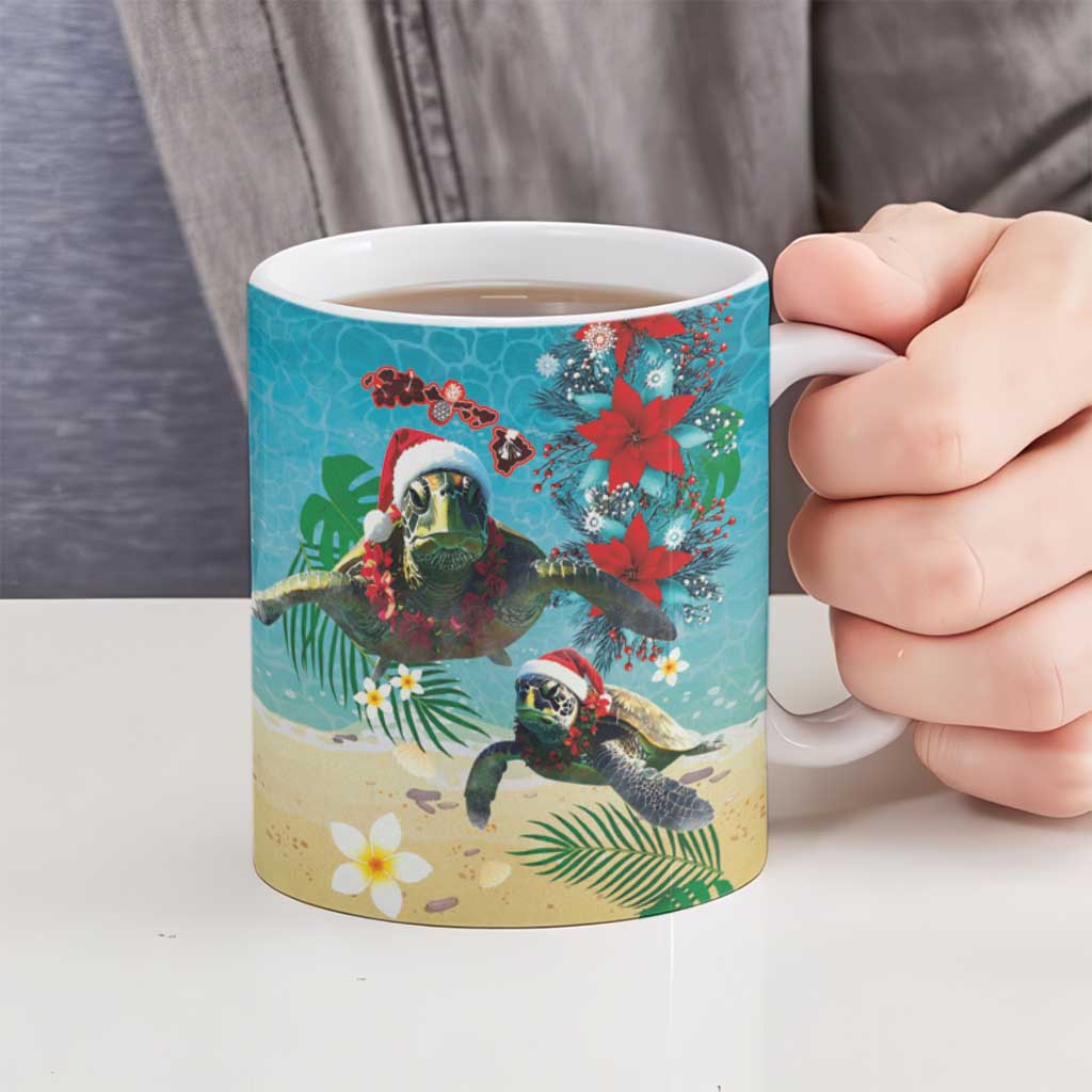 Hawaiian Mele Kalikimaka Ceramic Mug Tropical Xmas Turtles Red Poinsettia Watercolor - Polynesian Pride