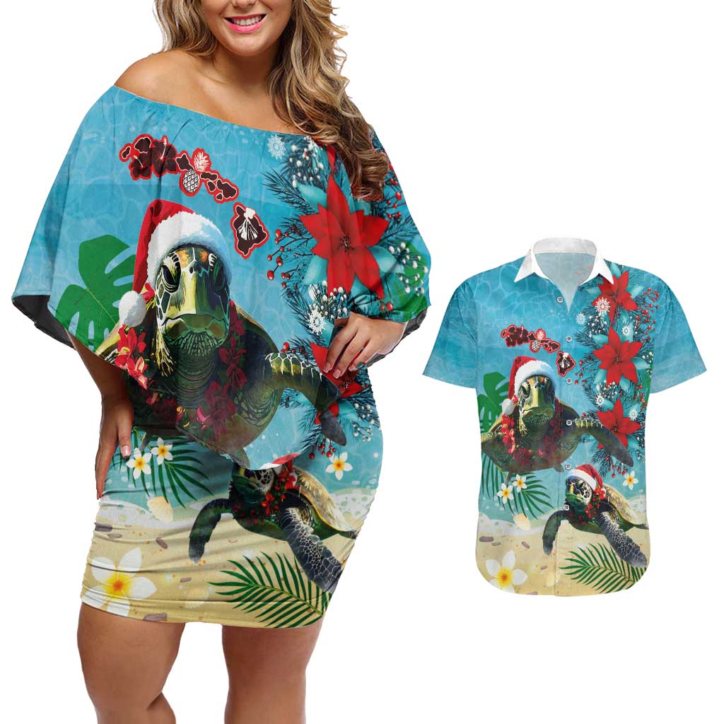 Hawaiian Mele Kalikimaka Couples Matching Off Shoulder Short Dress and Hawaiian Shirt Tropical Xmas Turtles Red Poinsettia Watercolor - Polynesian Pride