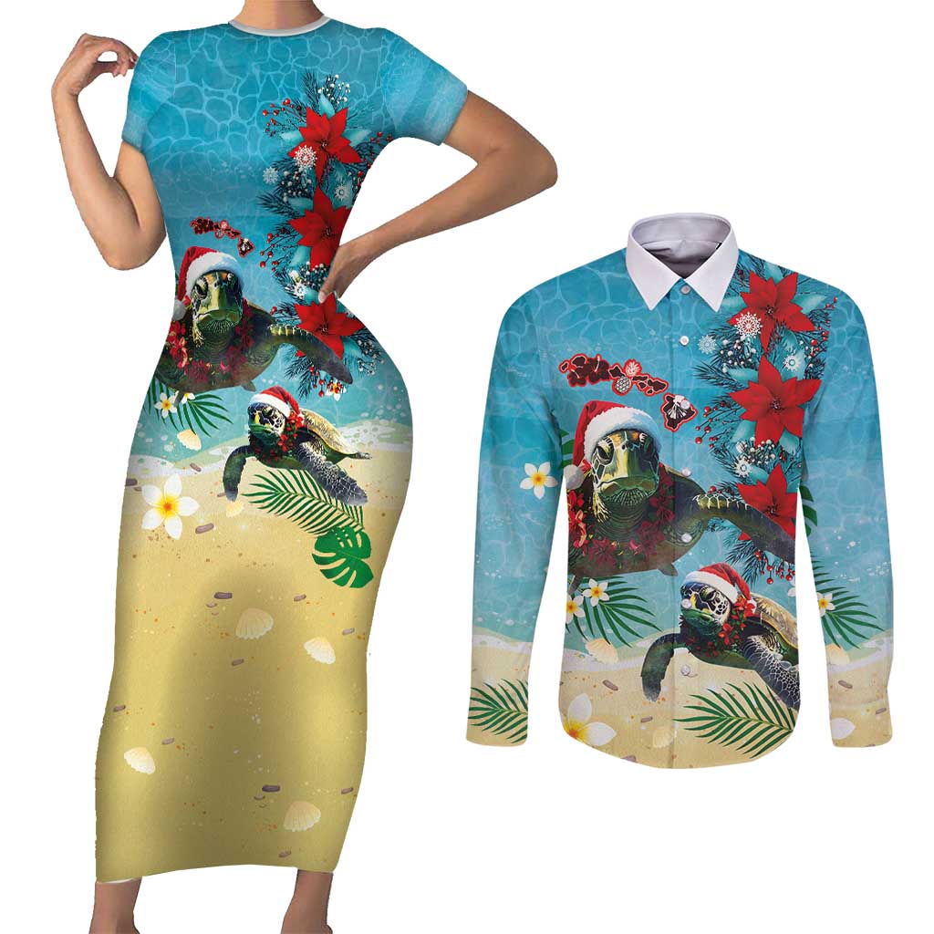 Hawaiian Mele Kalikimaka Couples Matching Short Sleeve Bodycon Dress and Long Sleeve Button Shirt Tropical Xmas Turtles Red Poinsettia Watercolor - Polynesian Pride