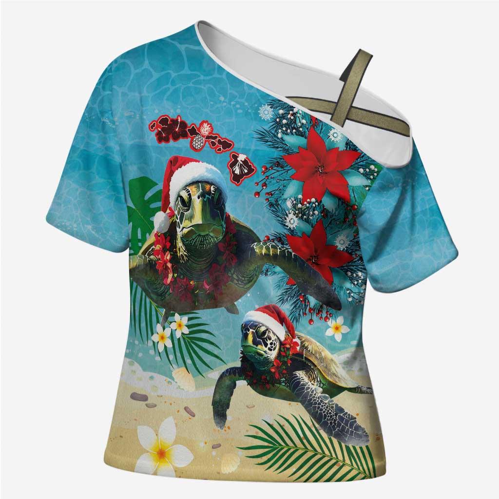 Hawaiian Mele Kalikimaka Cross Shoulder Shirt Tropical Xmas Turtles Red Poinsettia Watercolor - Polynesian Pride