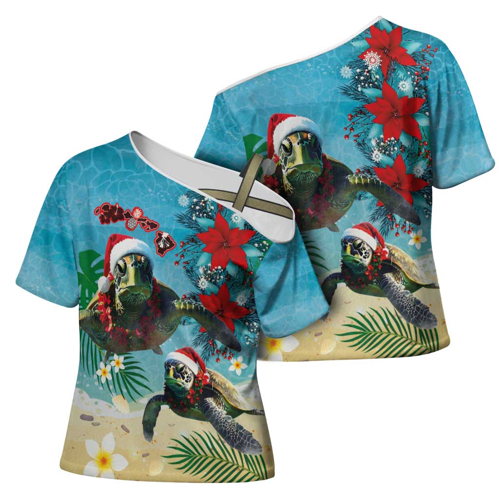 Hawaiian Mele Kalikimaka Cross Shoulder Shirt Tropical Xmas Turtles Red Poinsettia Watercolor - Polynesian Pride