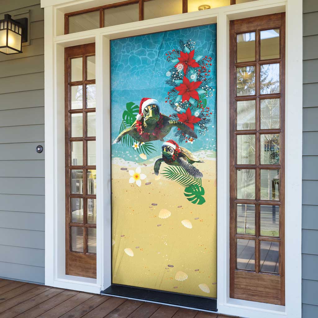 Hawaiian Mele Kalikimaka Door Cover Tropical Xmas Turtles Red Poinsettia Watercolor - Polynesian Pride