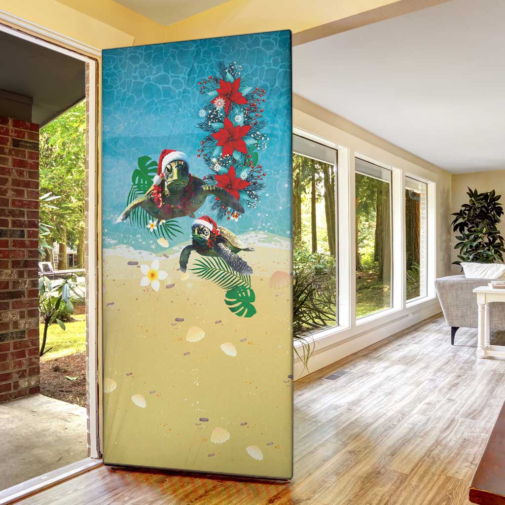 Hawaiian Mele Kalikimaka Door Cover Tropical Xmas Turtles Red Poinsettia Watercolor - Polynesian Pride