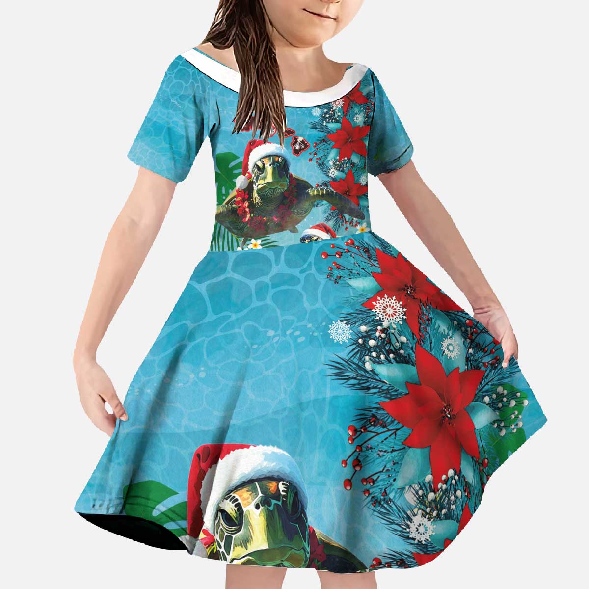 Hawaiian Mele Kalikimaka Family Matching Off The Shoulder Long Sleeve Dress and Hawaiian Shirt Tropical Xmas Turtles Red Poinsettia Watercolor - Polynesian Pride