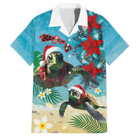 Hawaiian Mele Kalikimaka Family Matching Off The Shoulder Long Sleeve Dress and Hawaiian Shirt Tropical Xmas Turtles Red Poinsettia Watercolor - Polynesian Pride
