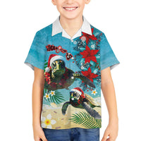 Hawaiian Mele Kalikimaka Family Matching Off The Shoulder Long Sleeve Dress and Hawaiian Shirt Tropical Xmas Turtles Red Poinsettia Watercolor - Polynesian Pride