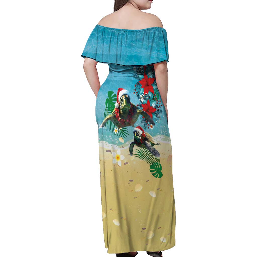 Hawaiian Mele Kalikimaka Family Matching Off Shoulder Maxi Dress and Hawaiian Shirt Tropical Xmas Turtles Red Poinsettia Watercolor - Polynesian Pride