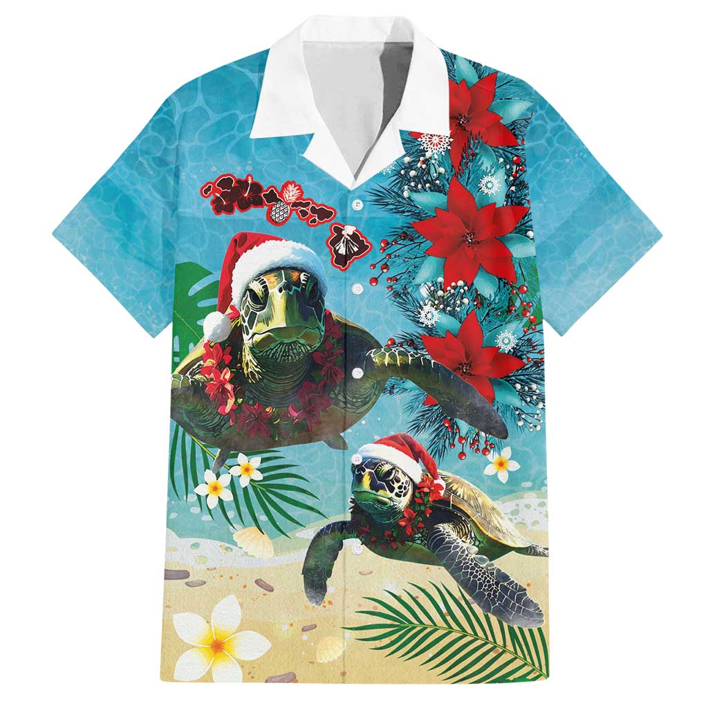 Hawaiian Mele Kalikimaka Family Matching Off Shoulder Short Dress and Hawaiian Shirt Tropical Xmas Turtles Red Poinsettia Watercolor - Polynesian Pride
