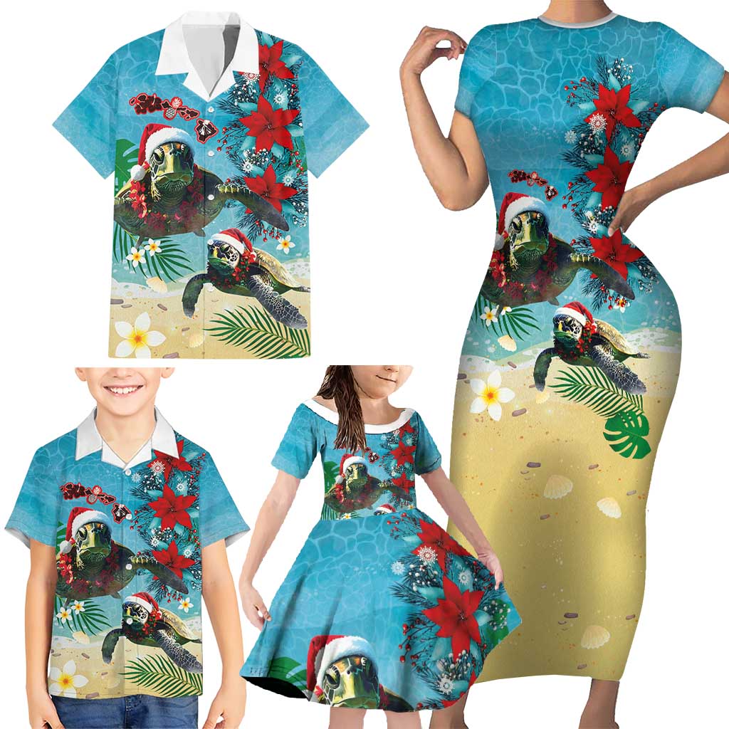 Hawaiian Mele Kalikimaka Family Matching Short Sleeve Bodycon Dress and Hawaiian Shirt Tropical Xmas Turtles Red Poinsettia Watercolor - Polynesian Pride