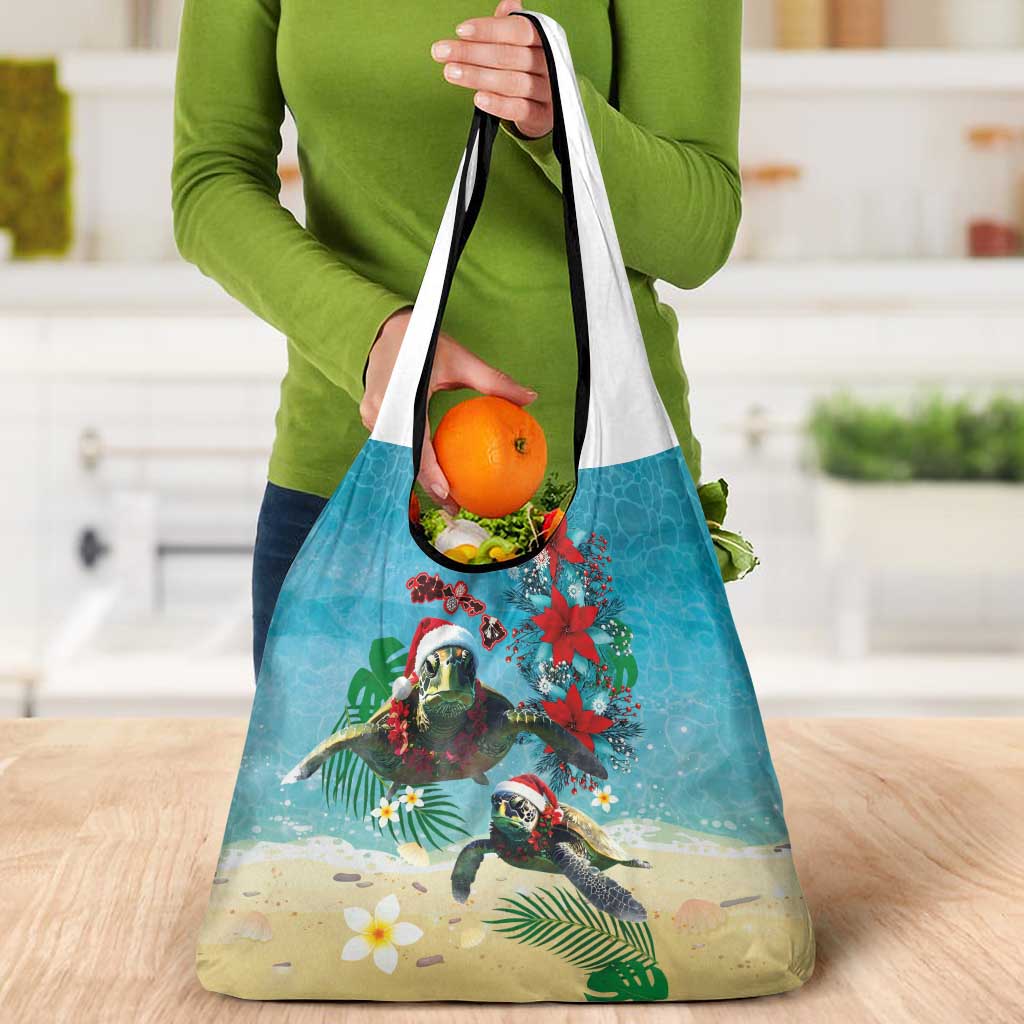Hawaiian Mele Kalikimaka Grocery Bag Tropical Xmas Turtles Red Poinsettia Watercolor - Polynesian Pride