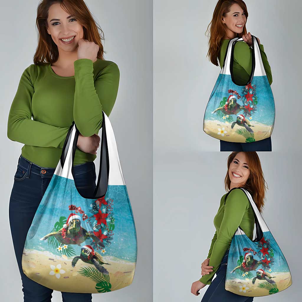 Hawaiian Mele Kalikimaka Grocery Bag Tropical Xmas Turtles Red Poinsettia Watercolor - Polynesian Pride