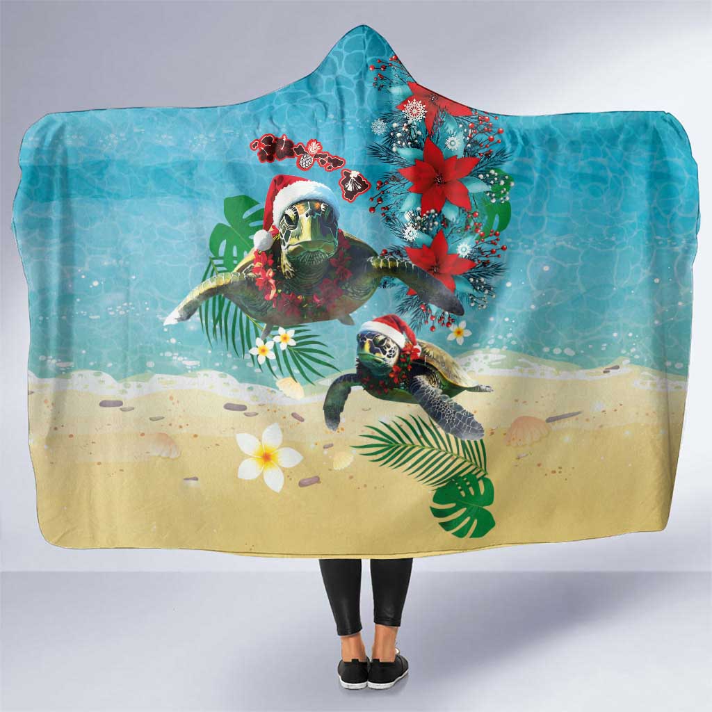 Hawaiian Mele Kalikimaka Hooded Blanket Tropical Xmas Turtles Red Poinsettia Watercolor - Polynesian Pride