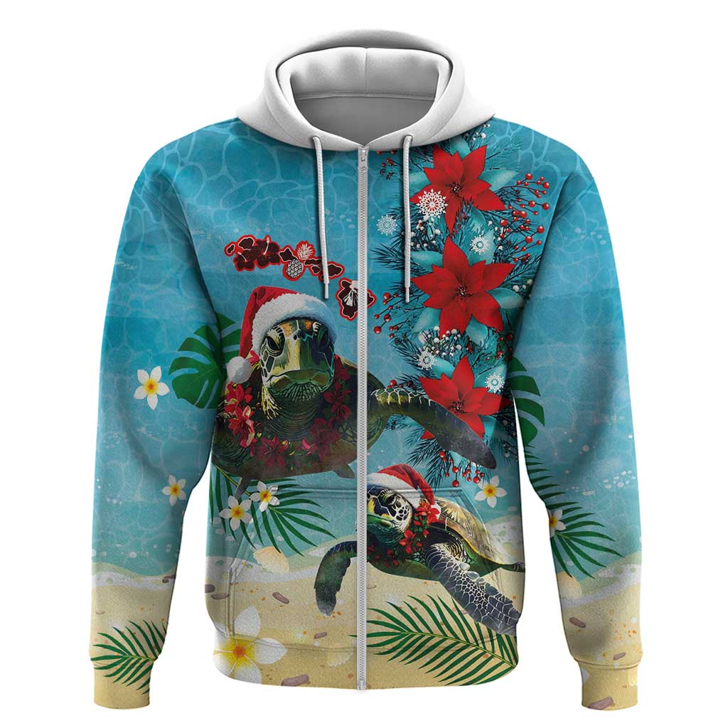 Hawaiian Mele Kalikimaka Hoodie Tropical Xmas Turtles Red Poinsettia Watercolor - Polynesian Pride