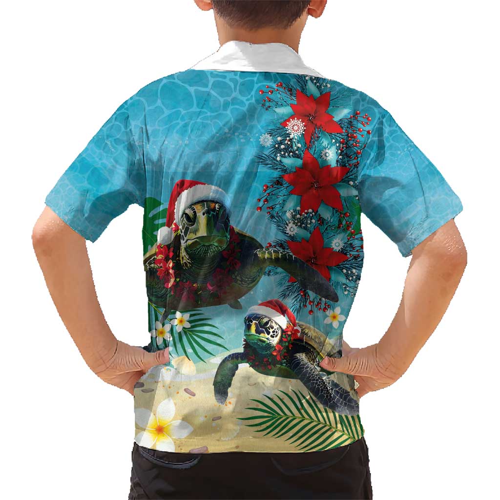 Hawaiian Mele Kalikimaka Kid Hawaiian Shirt Tropical Xmas Turtles Red Poinsettia Watercolor - Polynesian Pride