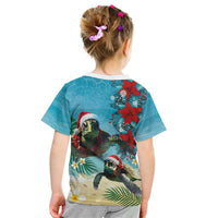 Hawaiian Mele Kalikimaka Kid T Shirt Tropical Xmas Turtles Red Poinsettia Watercolor - Polynesian Pride