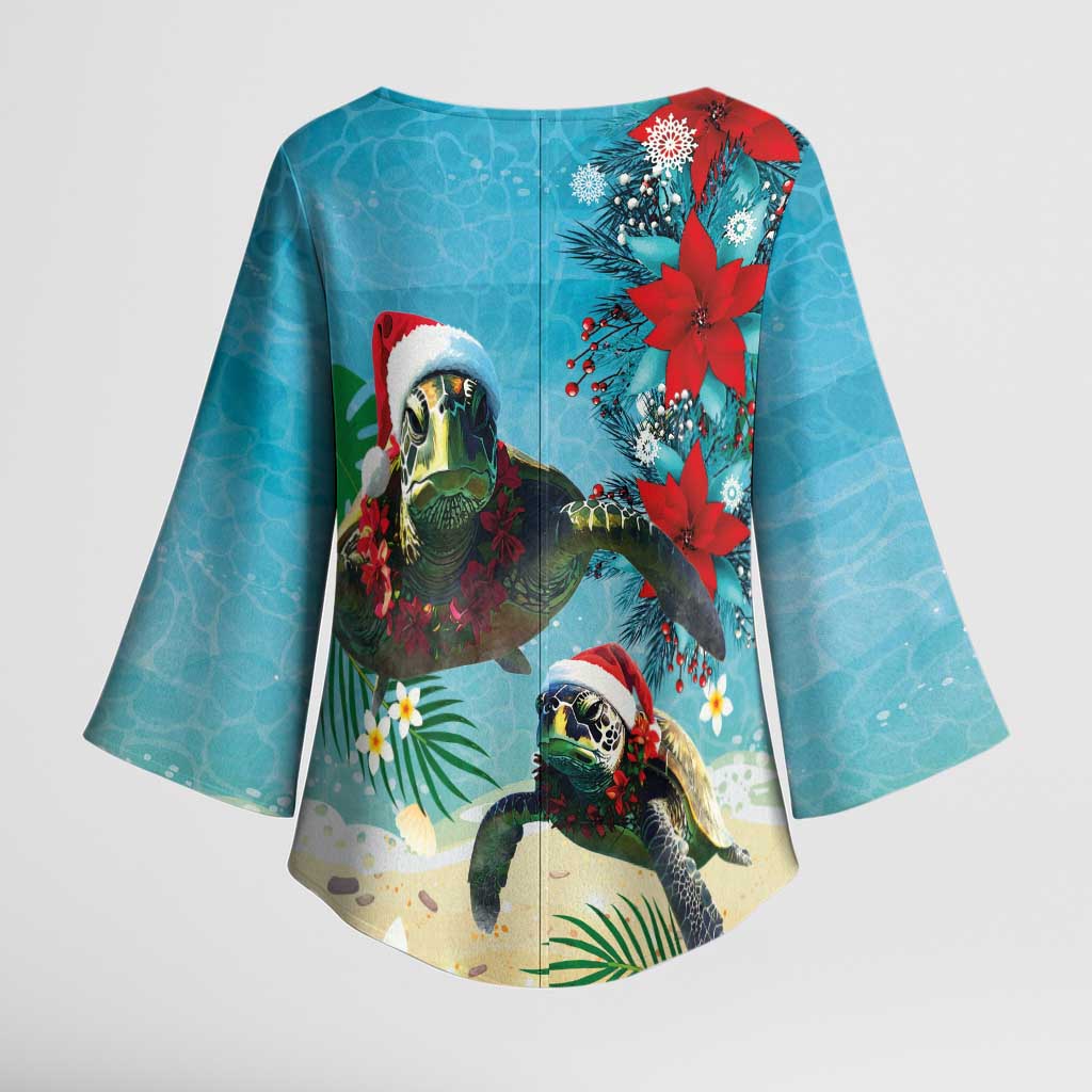 Hawaiian Mele Kalikimaka Kimono Sleeve Blouse Tropical Xmas Turtles Red Poinsettia Watercolor - Polynesian Pride