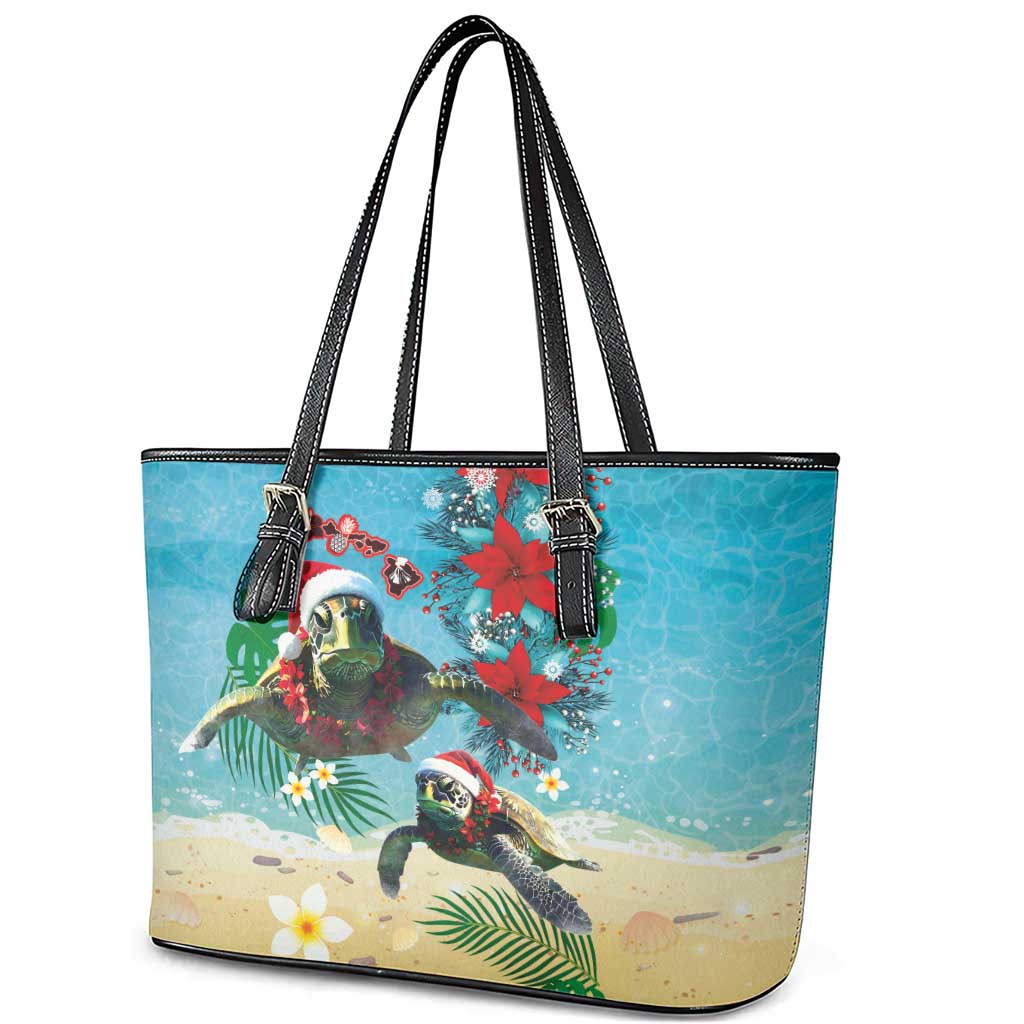 Hawaiian Mele Kalikimaka Leather Tote Bag Tropical Xmas Turtles Red Poinsettia Watercolor - Polynesian Pride