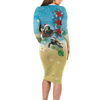 Hawaiian Mele Kalikimaka Long Sleeve Bodycon Dress Tropical Xmas Turtles Red Poinsettia Watercolor - Polynesian Pride