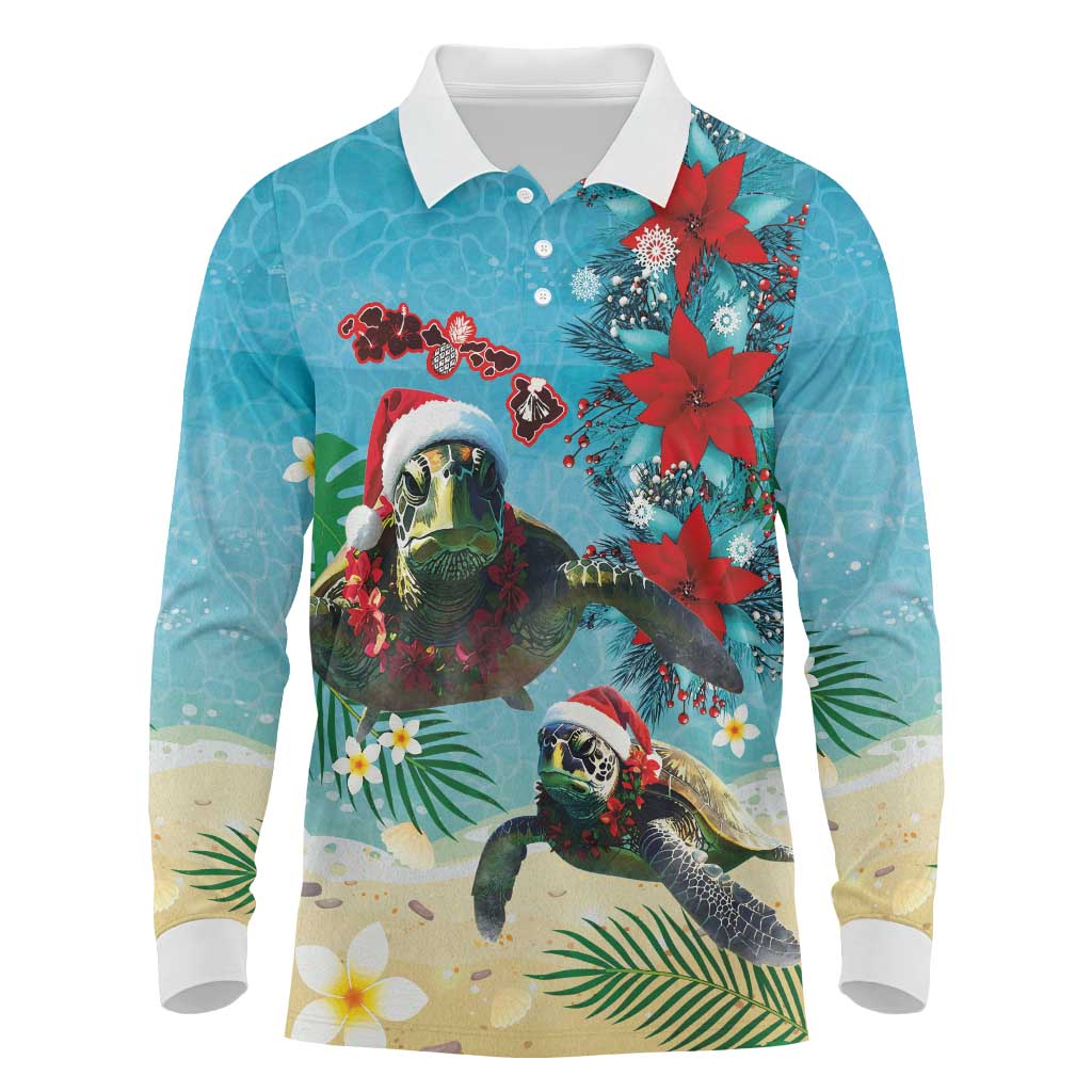 Hawaiian Mele Kalikimaka Long Sleeve Polo Shirt Tropical Xmas Turtles Red Poinsettia Watercolor - Polynesian Pride