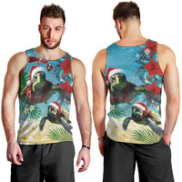 Hawaiian Mele Kalikimaka Men Tank Top Tropical Xmas Turtles Red Poinsettia Watercolor - Polynesian Pride
