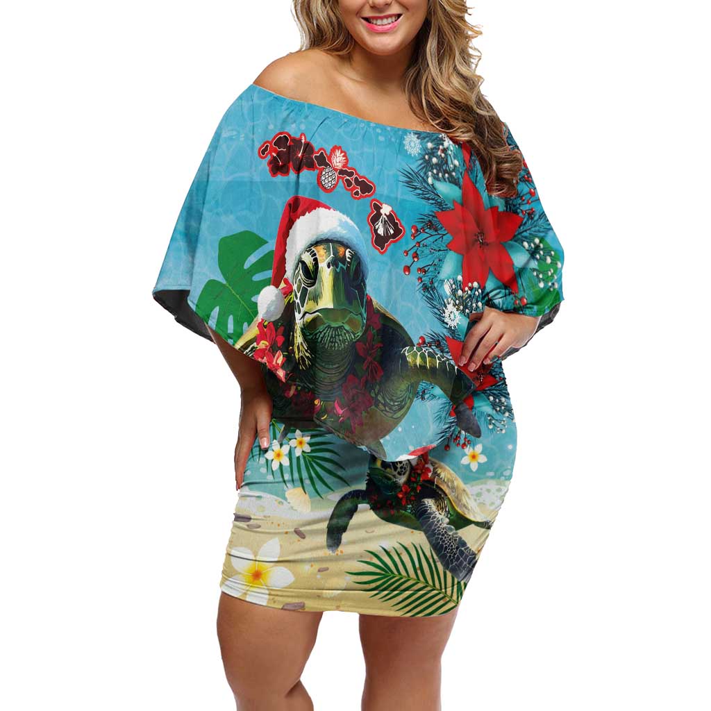 Hawaiian Mele Kalikimaka Off Shoulder Short Dress Tropical Xmas Turtles Red Poinsettia Watercolor - Polynesian Pride