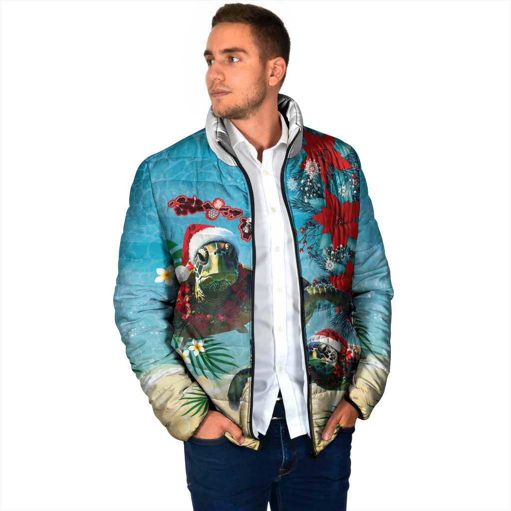 Hawaiian Mele Kalikimaka Padded Jacket Tropical Xmas Turtles Red Poinsettia Watercolor - Polynesian Pride
