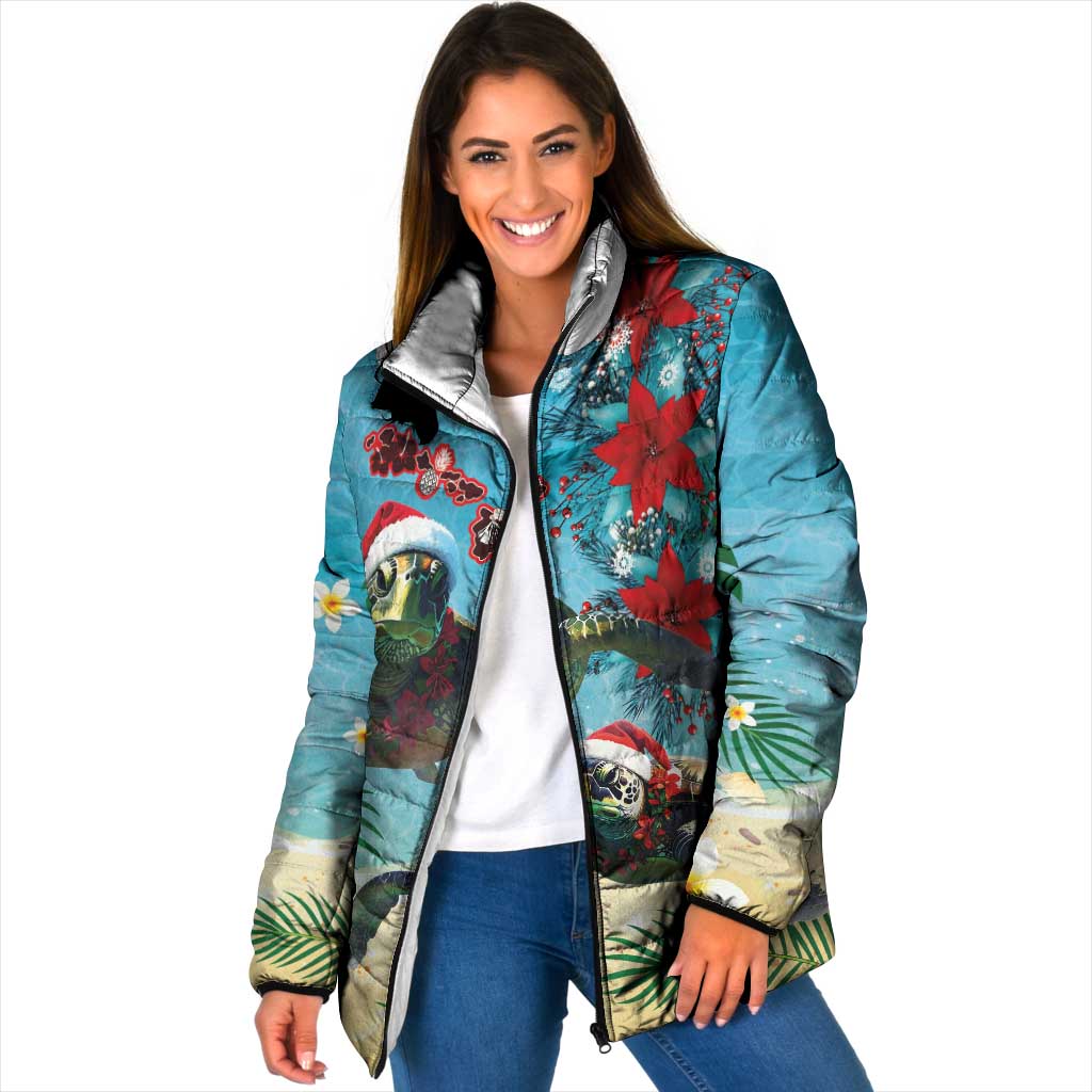 Hawaiian Mele Kalikimaka Padded Jacket Tropical Xmas Turtles Red Poinsettia Watercolor - Polynesian Pride