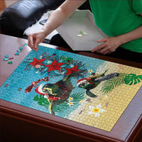 Hawaiian Mele Kalikimaka Puzzle Tropical Xmas Turtles Red Poinsettia Watercolor - Polynesian Pride