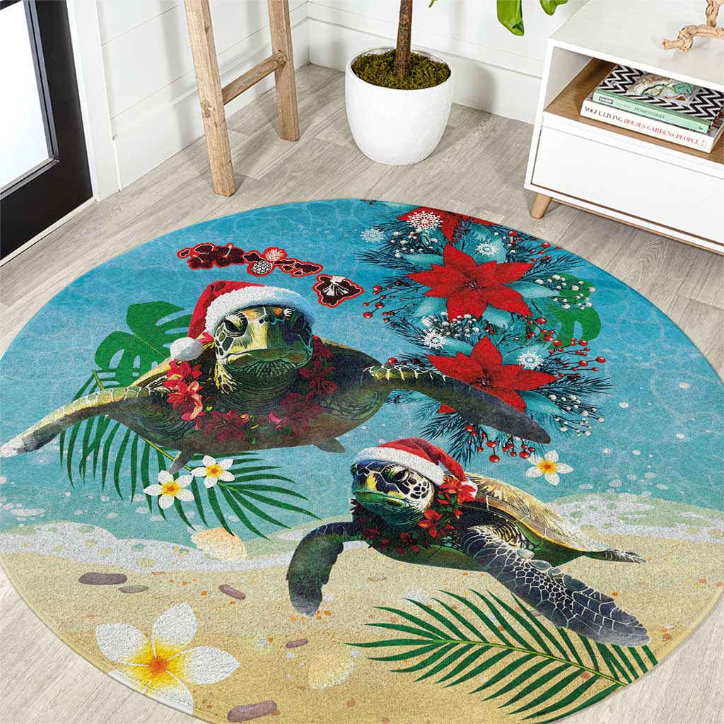 Hawaiian Mele Kalikimaka Round Carpet Tropical Xmas Turtles Red Poinsettia Watercolor - Polynesian Pride
