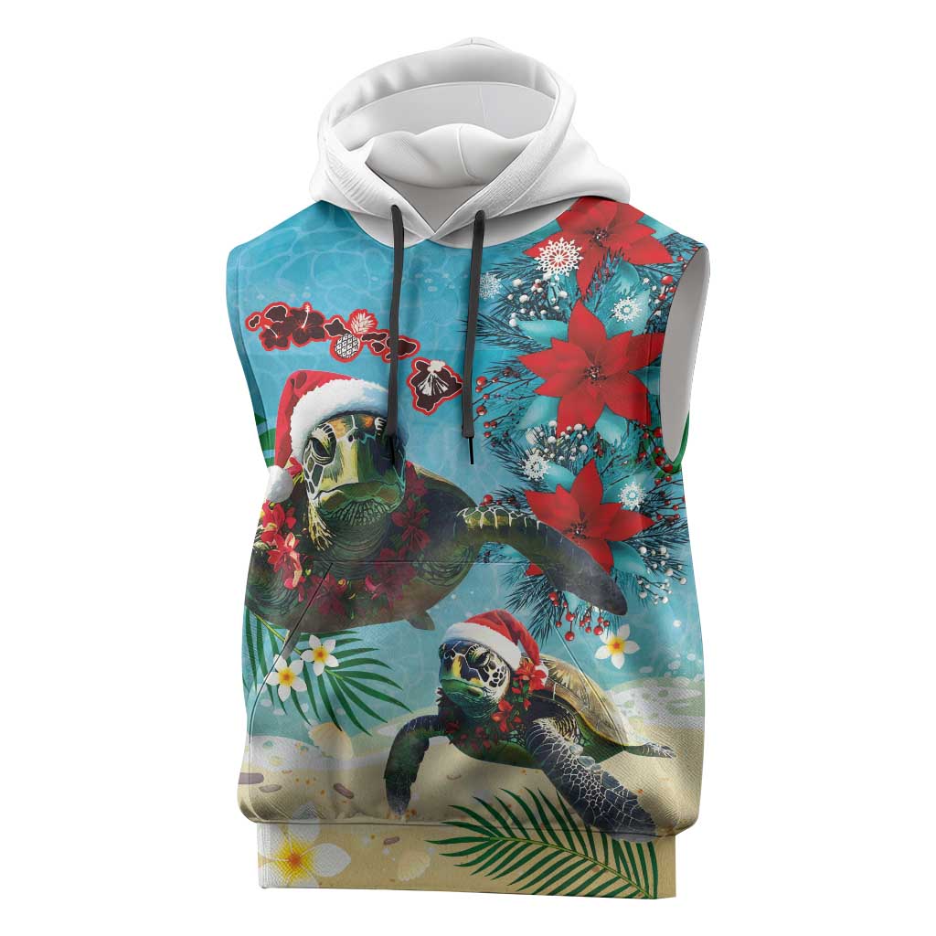 Hawaiian Mele Kalikimaka Sleeveless Hoodie Tropical Xmas Turtles Red Poinsettia Watercolor - Polynesian Pride