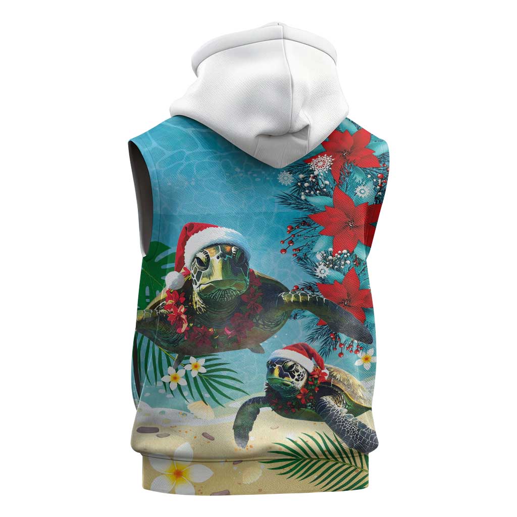 Hawaiian Mele Kalikimaka Sleeveless Hoodie Tropical Xmas Turtles Red Poinsettia Watercolor - Polynesian Pride