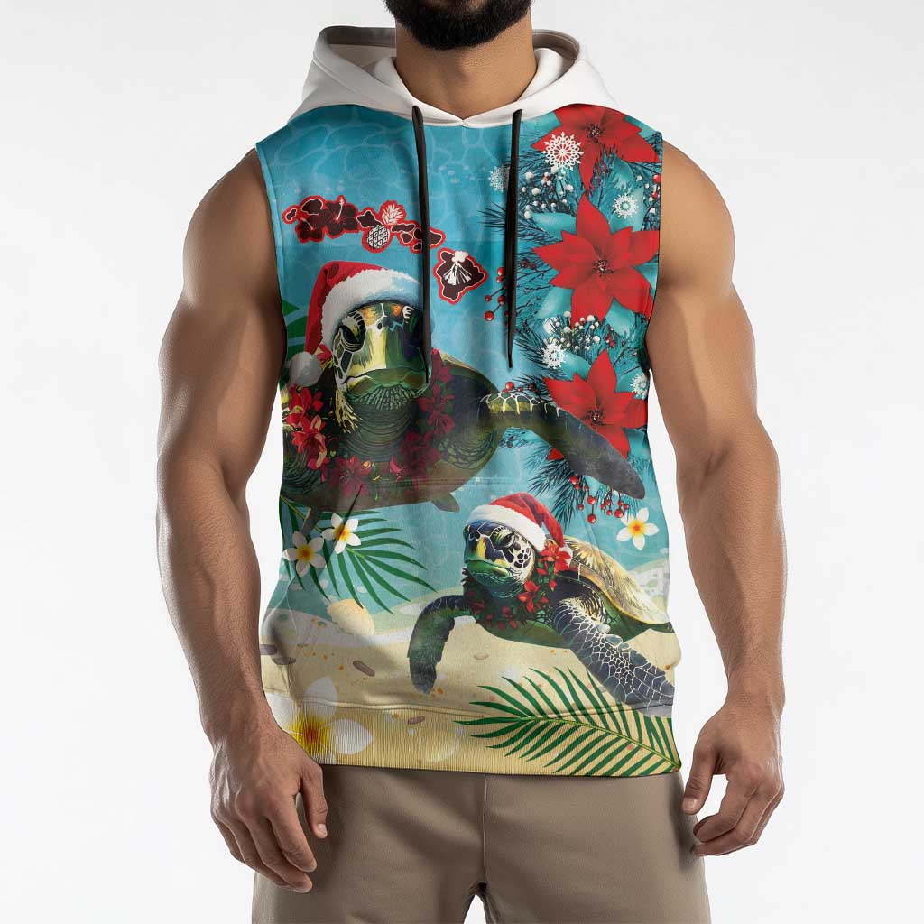 Hawaiian Mele Kalikimaka Sleeveless Hoodie Tropical Xmas Turtles Red Poinsettia Watercolor - Polynesian Pride