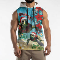 Hawaiian Mele Kalikimaka Sleeveless Hoodie Tropical Xmas Turtles Red Poinsettia Watercolor - Polynesian Pride