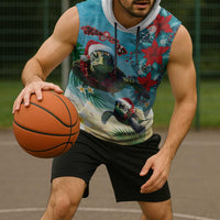 Hawaiian Mele Kalikimaka Sleeveless Hoodie Tropical Xmas Turtles Red Poinsettia Watercolor - Polynesian Pride