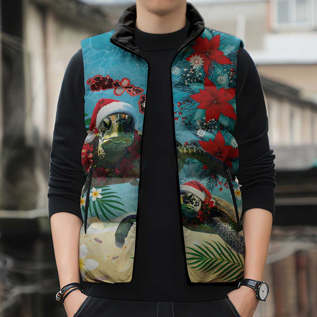 Hawaiian Mele Kalikimaka Sleeveless Puffer Jacket Tropical Xmas Turtles Red Poinsettia Watercolor - Polynesian Pride