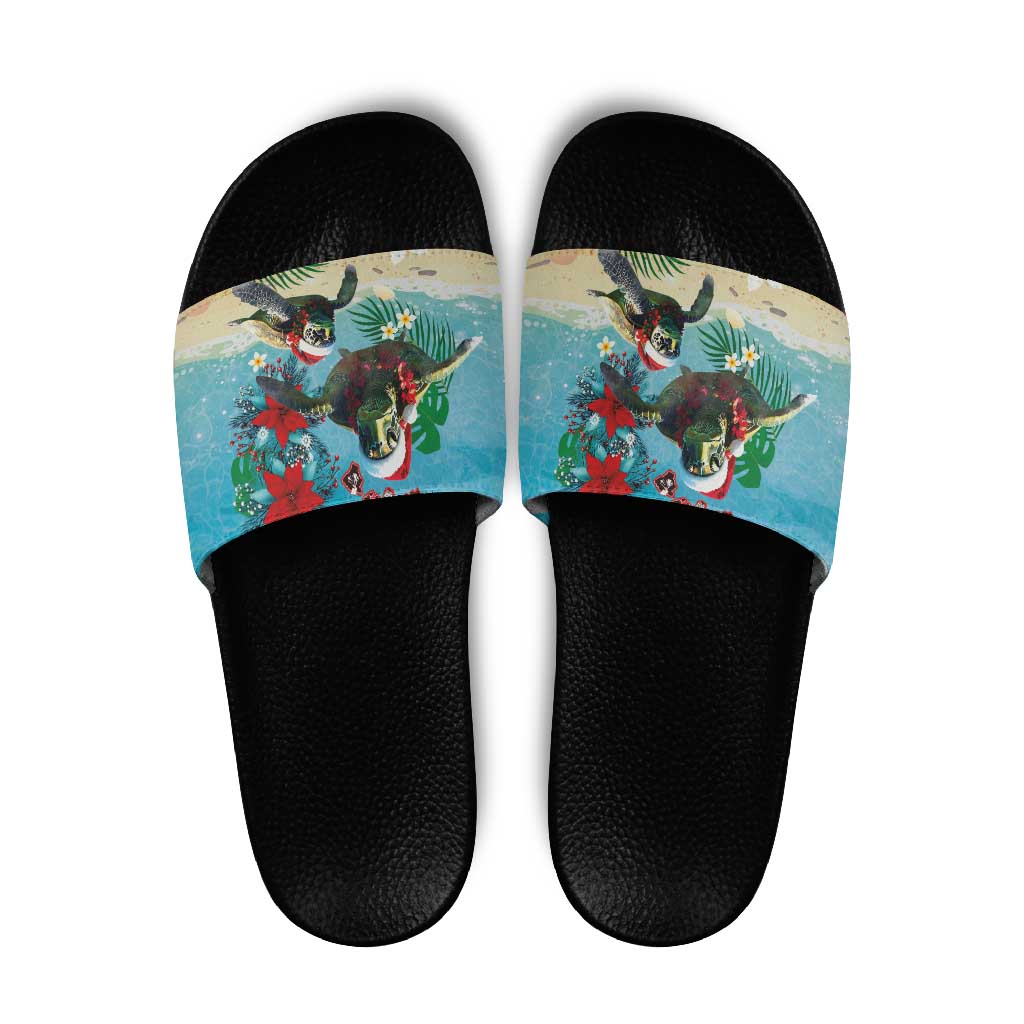 Hawaiian Mele Kalikimaka Slide Sandals Tropical Xmas Turtles Red Poinsettia Watercolor - Polynesian Pride