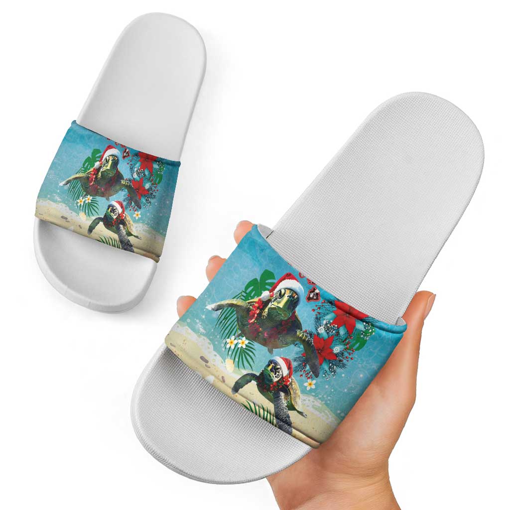 Hawaiian Mele Kalikimaka Slide Sandals Tropical Xmas Turtles Red Poinsettia Watercolor - Polynesian Pride