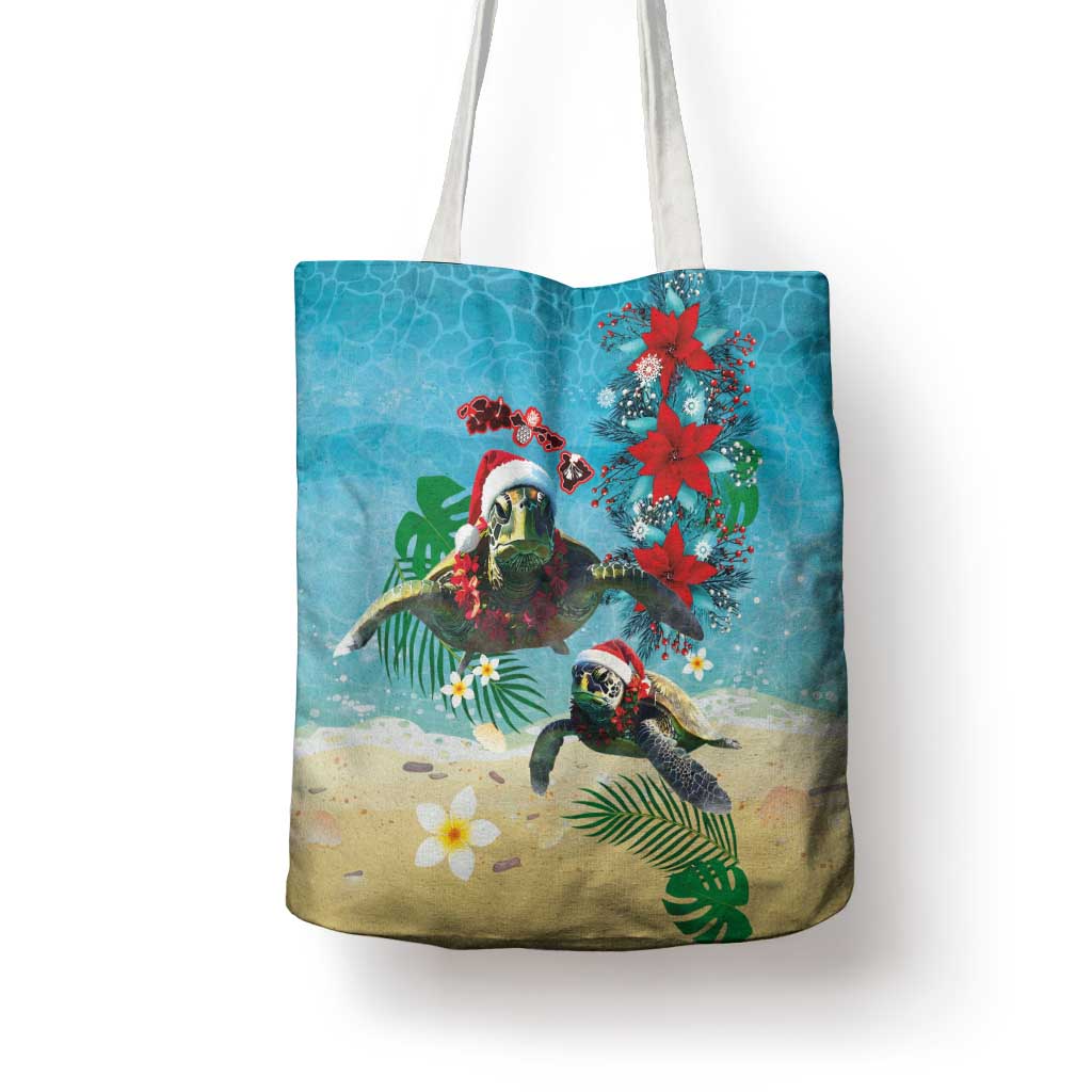 Hawaiian Mele Kalikimaka Tote Bag Tropical Xmas Turtles Red Poinsettia Watercolor - Polynesian Pride