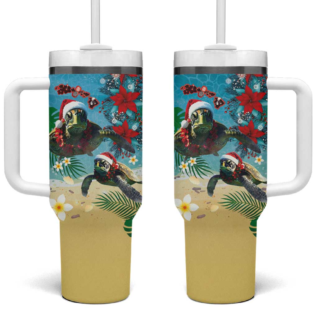 Hawaiian Mele Kalikimaka Tumbler With Handle Tropical Xmas Turtles Red Poinsettia Watercolor - Polynesian Pride