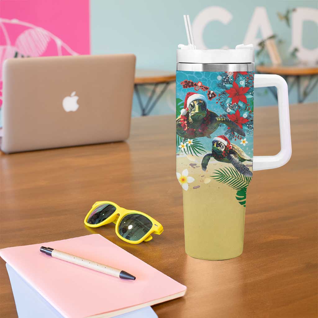 Hawaiian Mele Kalikimaka Tumbler With Handle Tropical Xmas Turtles Red Poinsettia Watercolor - Polynesian Pride