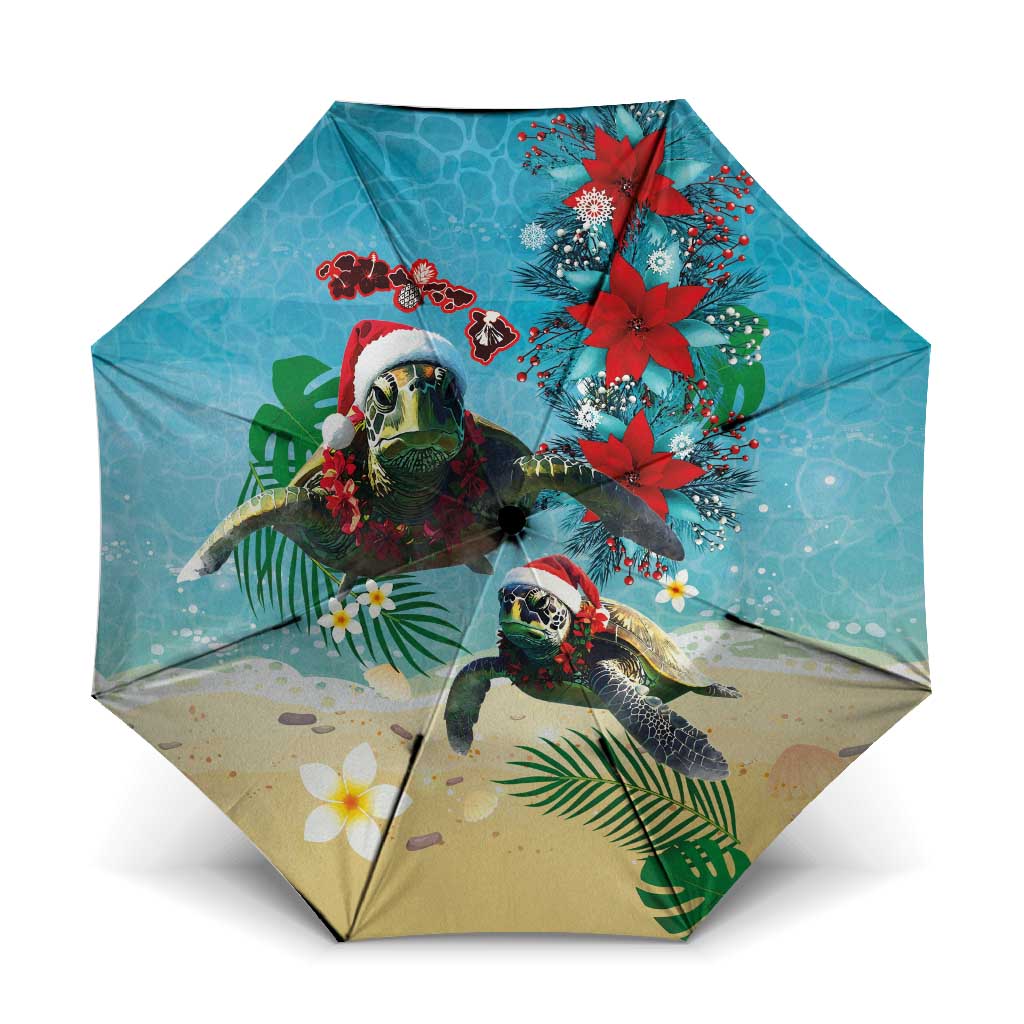 Hawaiian Mele Kalikimaka Umbrella Tropical Xmas Turtles Red Poinsettia Watercolor - Polynesian Pride