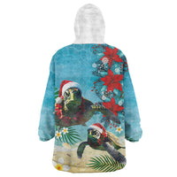 Hawaiian Mele Kalikimaka Wearable Blanket Hoodie Tropical Xmas Turtles Red Poinsettia Watercolor - Polynesian Pride