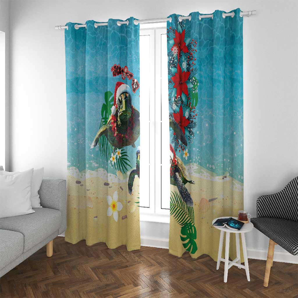 Hawaiian Mele Kalikimaka Window Curtain Tropical Xmas Turtles Red Poinsettia Watercolor - Polynesian Pride