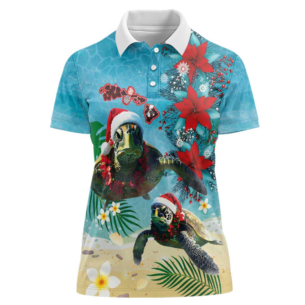 Hawaiian Mele Kalikimaka Women Polo Shirt Tropical Xmas Turtles Red Poinsettia Watercolor - Polynesian Pride