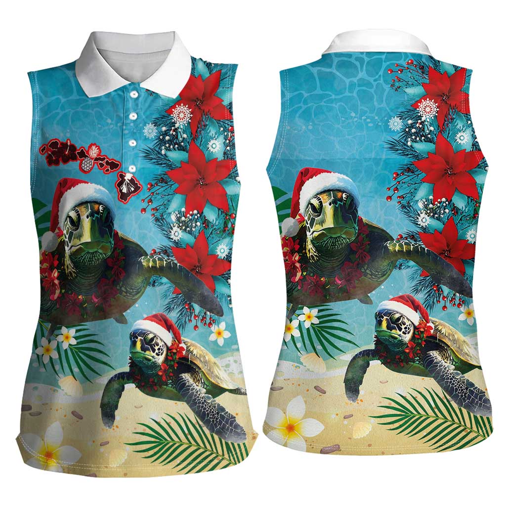 Hawaiian Mele Kalikimaka Women Sleeveless Polo Shirt Tropical Xmas Turtles Red Poinsettia Watercolor - Polynesian Pride