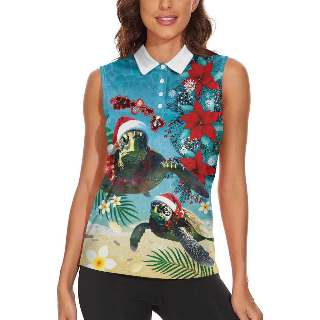 Hawaiian Mele Kalikimaka Women Sleeveless Polo Shirt Tropical Xmas Turtles Red Poinsettia Watercolor - Polynesian Pride