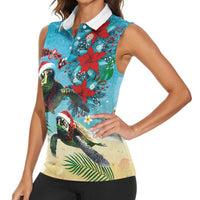 Hawaiian Mele Kalikimaka Women Sleeveless Polo Shirt Tropical Xmas Turtles Red Poinsettia Watercolor - Polynesian Pride