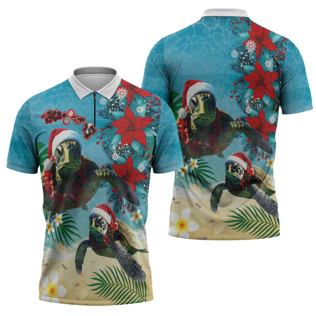 Hawaiian Mele Kalikimaka Zipper Polo Shirt Tropical Xmas Turtles Red Poinsettia Watercolor - Polynesian Pride