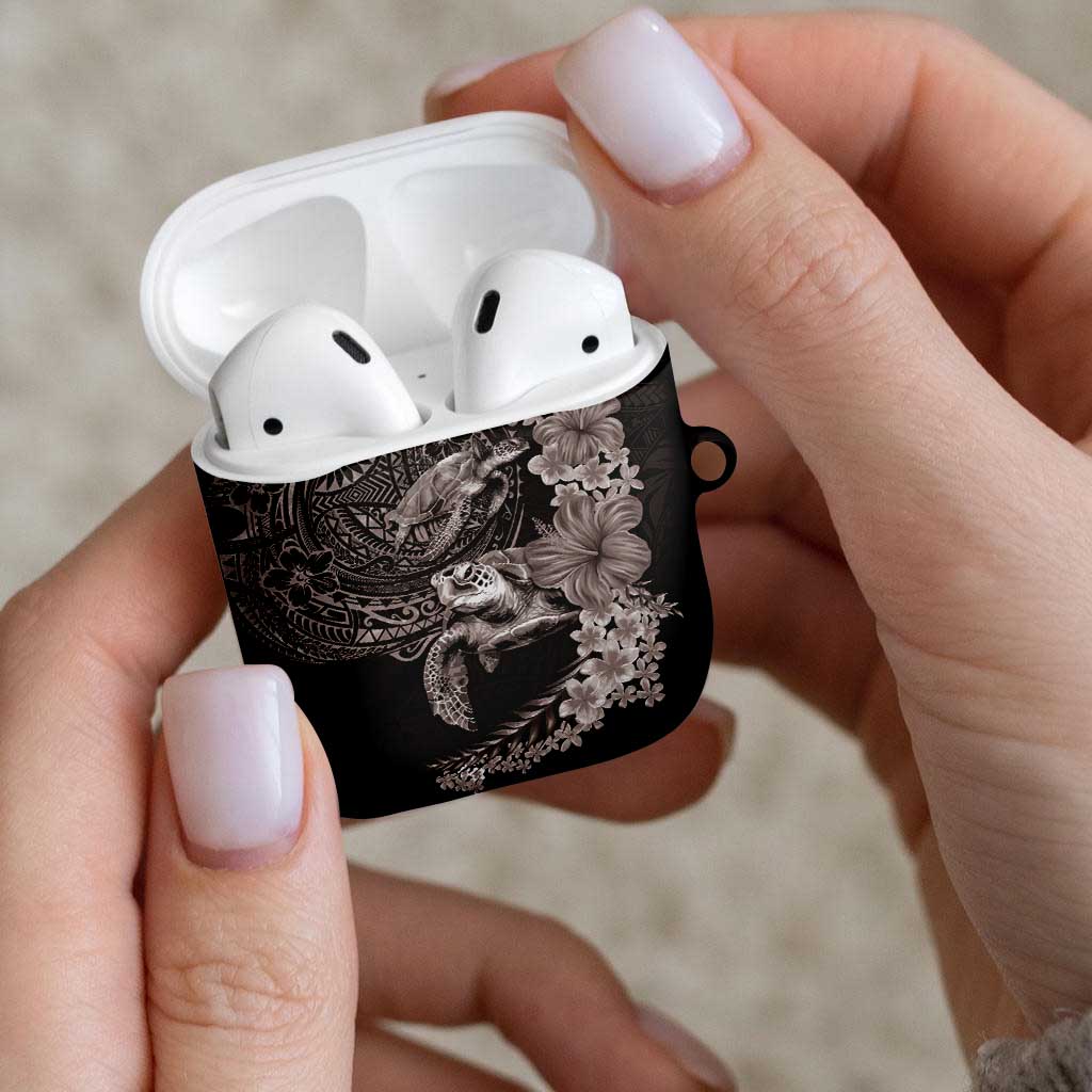 Hawaiian Plumeria and Hibiscus with Turtles AirPods Case Polynesian Art Grayscale - Polynesian Pride